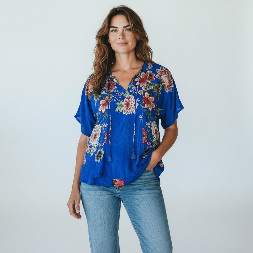 Johnny Was Blue Floral Cupra Rayon Tassel Tie Boho Blouse Top C17819A3 Small